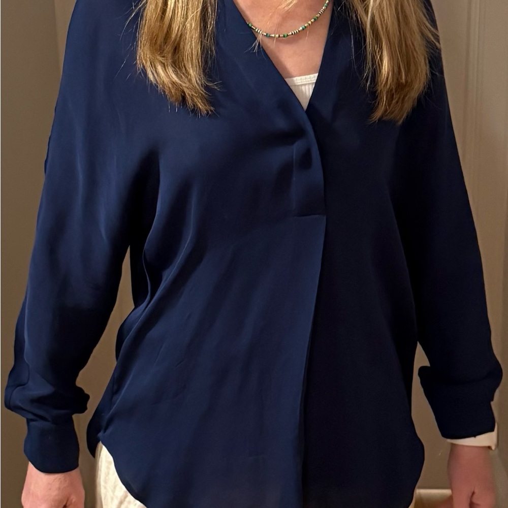 Vince Deep Blue V-Neck Women's Silk Blouse